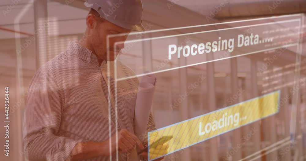 Poster animation of data processing on screen over architect using smartphone