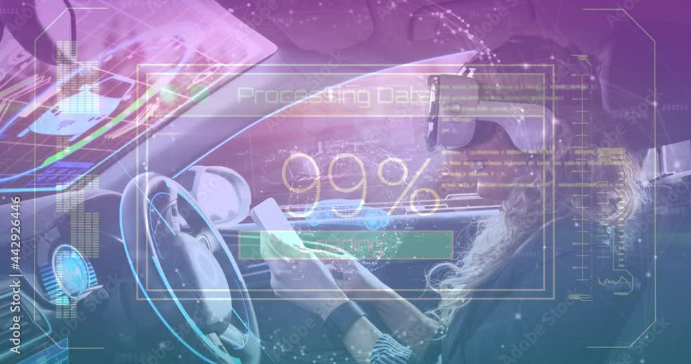 Aufkleber animation of data processing on screen over woman using vr headset and smartphone