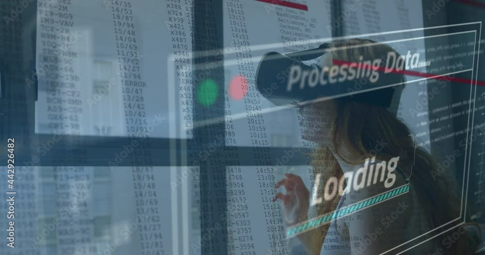 Poster animation of data processing on screen over woman using vr headset