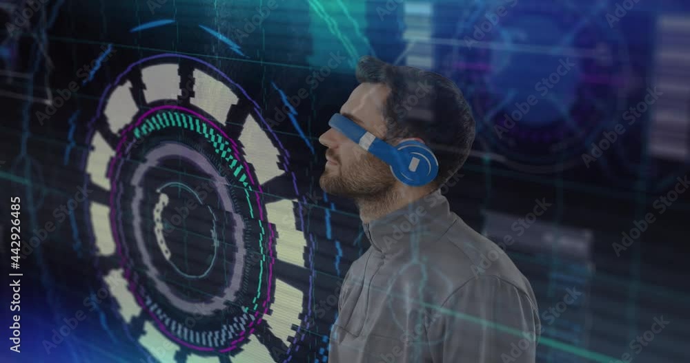 Poster animation of scope scanning with glitch and man wearing vr headset