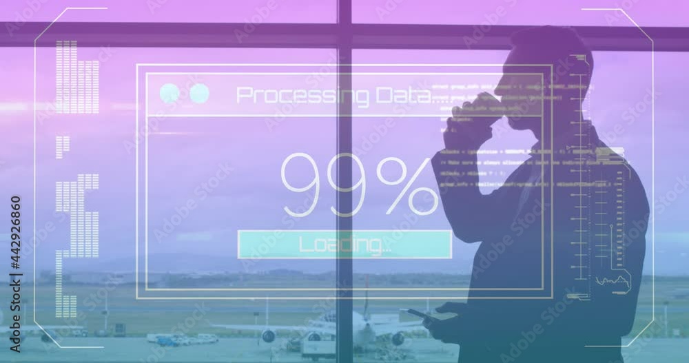 Poster Animation of data processing on screen over man using smartphone