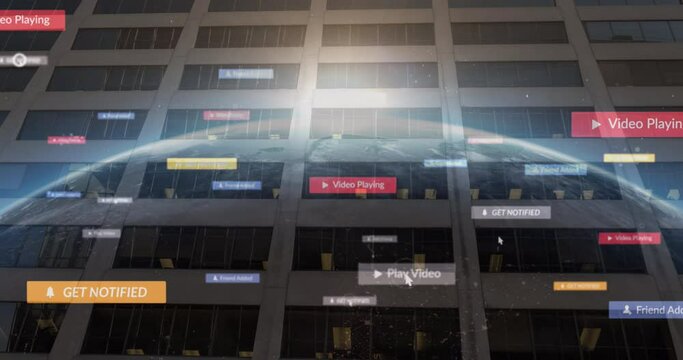 Animation of social media icons over globe and modern building