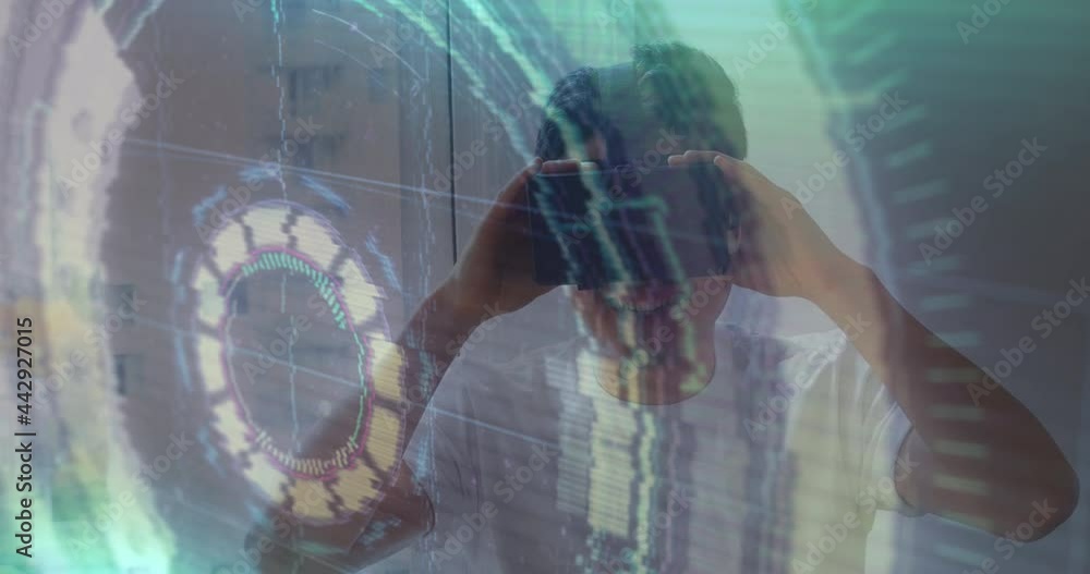 Poster animation of scope scanning with glitch and man using vr headset