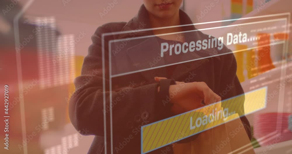 Poster animation of data processing on screen over woman using smartwatch
