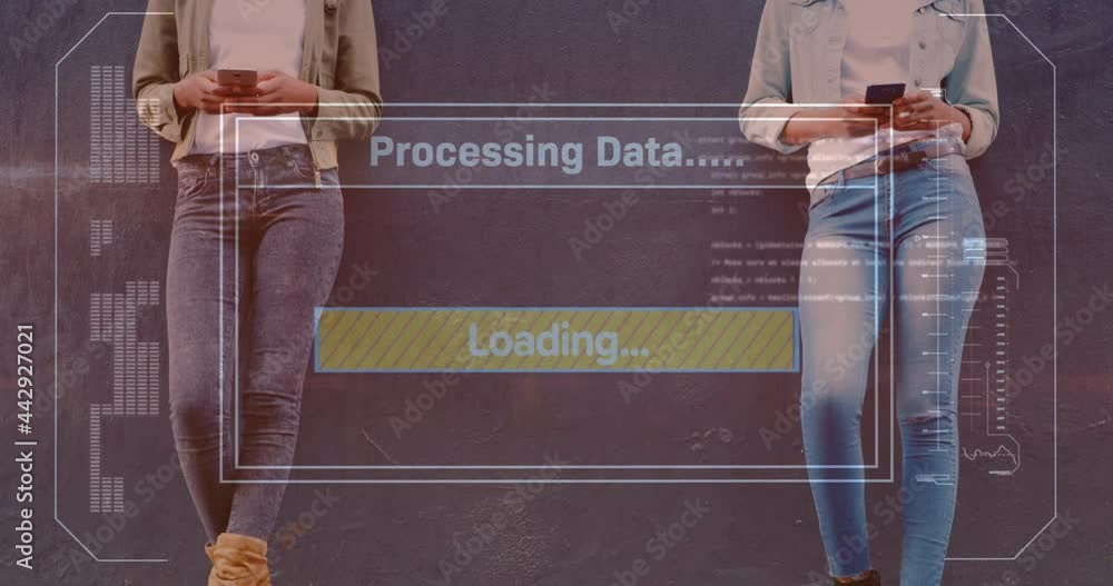 Aufkleber animation of data processing on screen over women using smartphone