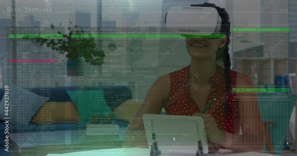 Poster animation of data processing on screen with glitch and woman using vr headset
