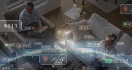 Animation of social media icons over globe and business meeting - Powered by Adobe