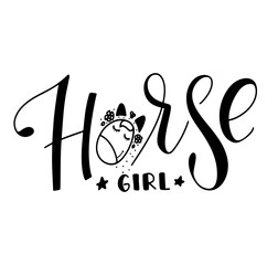 Horse girl, black lettering with doodle horse in flowers, black vector illustration isolated on white background