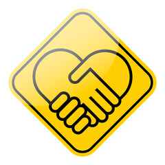 Handshake icon on yellow road sign. Business cooperation agreement symbol. Vector illustration.
