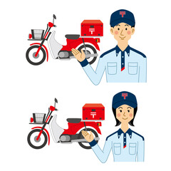 配達バイクと郵便局員の男女