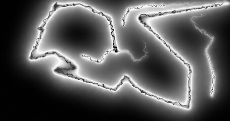 White lightning bolts electrical current zig-zagging wildly across a black background