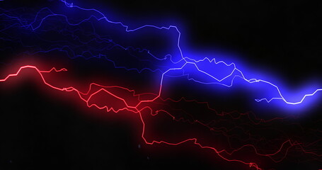Red and blue lightning bolts of electrical current moving wildly across black background