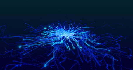 Glowing blue tentacles of electric current moving from central point of light on a black background