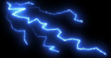 Blue lightning bolts of electrical current moving wildly across a black background