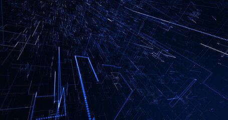 Rapidly moving 3d network of connecting blue and white glowing lines on a black background