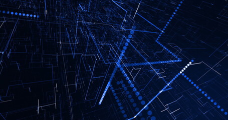 Rapidly moving 3d network of connecting blue and white glowing lines on a black background