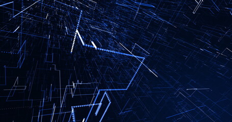 Rapidly moving 3d network of connecting blue and white glowing lines on a black background