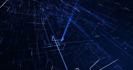 Rapidly moving 3d network of connecting blue and white glowing lines on a black background