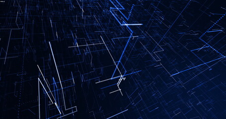 Rapidly moving 3d network of connecting blue and white glowing lines on a black background