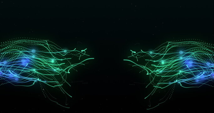Two grouped tentacles of green and blue electrical current flowing towards each other on black backg