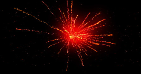 Glowing red firework exploding on black background with defocussed blue spots