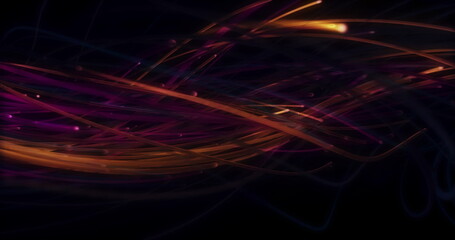 Twisting bundle of orange and pink fibres moving across black background
