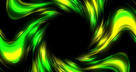 Glowing green and yellow swirl rotating and pulsating on black background