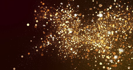 Sparkling golden particles floating upwards on a dark background