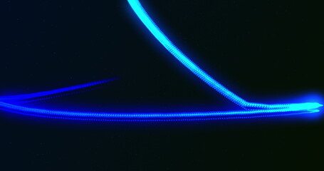 Blue and green neon light trail moving on black background