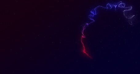 Twisting light trail of glowing red and blue moving rapidly across a black background