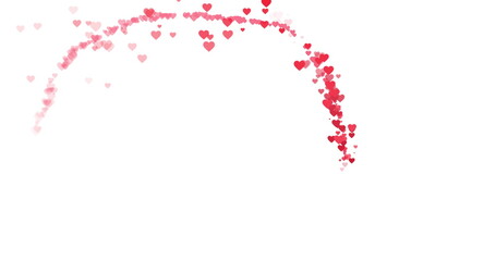 Trail of small red hearts flying around on white background