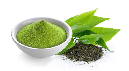 green tea powder in a bowl on white background - obrazy, fototapety, plakaty
