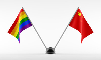 LGBT and China flags on decorative stand. Isolated on a white background. 3d rendering