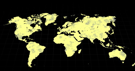 Grey world map changing to mostly yellow on a black background