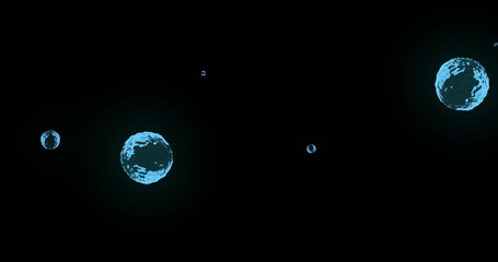 Image of multiple translucent blue bubbles floating across black background