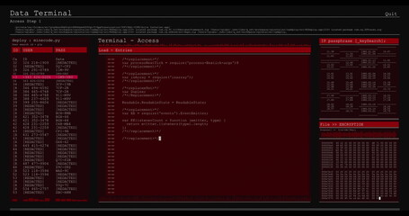 Image of data processing on red computer screens