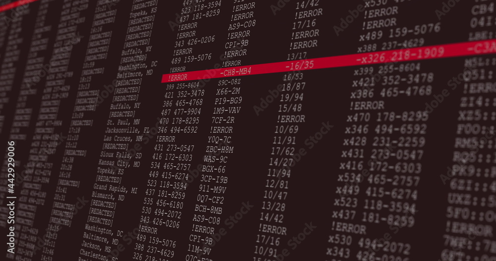 Poster image of data processing on grey and red computer screen