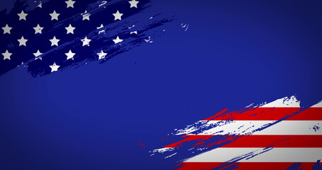 Fototapeta premium Image of split in two corners American flag moving on blue background. 