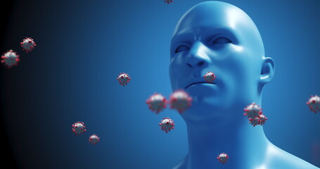 Image of macro Coronavirus cells floating over a 3D human model in the background. 4k