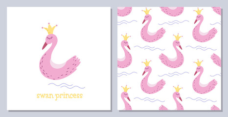 Swan princess composition seamless pattern. Vector fairy tale cute illustration in hand-drawn scandinavian cartoon style. 