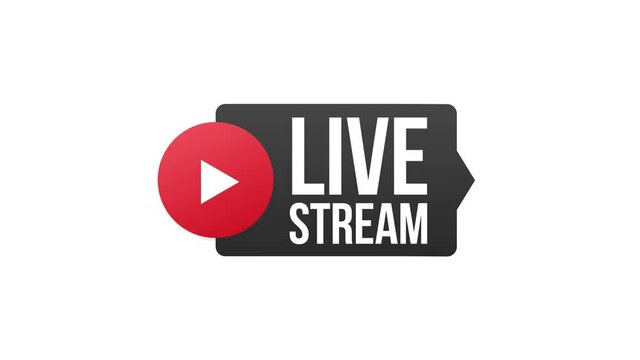 Live stream flat logo - red design element with play button. Motion graphics.