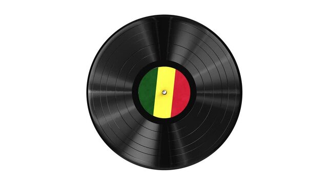 Realistic seamless looping 3D animation of the Rastafarian flag label Reggae vinyl record isolated on white rendered in UHD with alpha matte