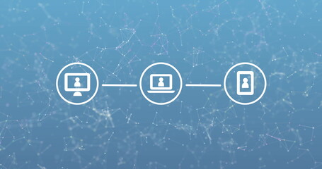 Image of three white digital computer interface icons with plexus structure on blue background