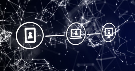 Image of three white digital computer interface icons with plexus structure on blue background