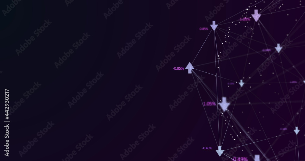 Poster image of digital interface and network connections with arrows and numbers growing on purple bac