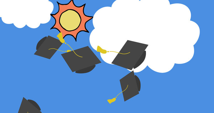 Image of graduation college university hats being thrown in the air with blue sky in the backgro