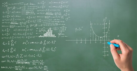 Composition of mathematical equations over green chalkboard