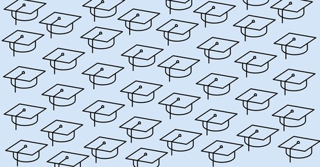 Composition of multiple graduation hats on blue background