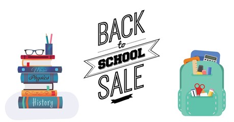 Composition of back to school text and school items on white background