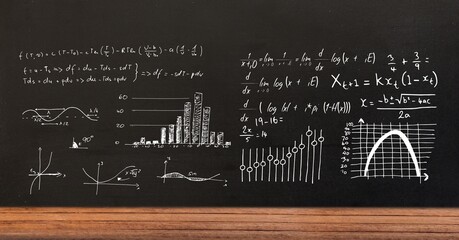 Fototapeta premium Composition of mathematical equations over black chalkboard